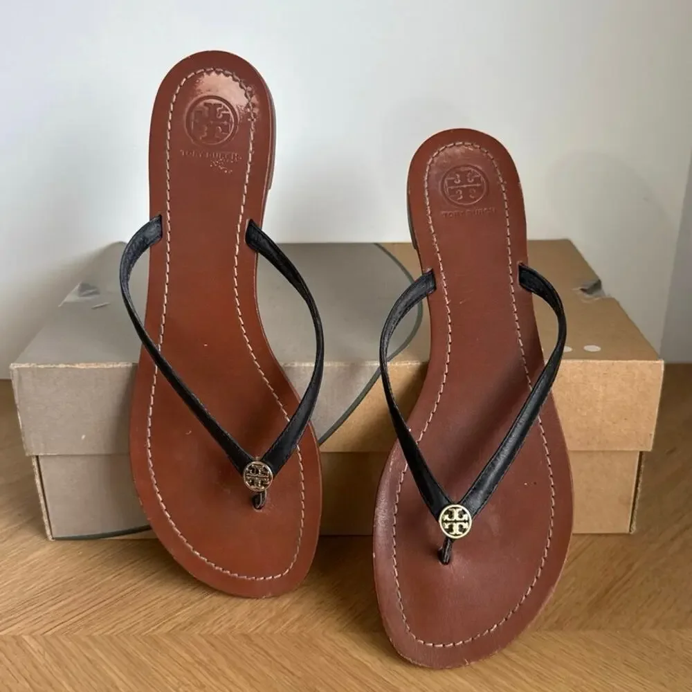 Tory Burch Terra Black Leather Women Slip On Sandals- SZ 11